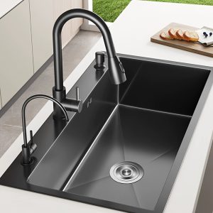 Handcrafted Stainless Steel Kitchen Sink Set, Single Bowl Dual-Mode Faucet, No Electricity Needed - 5545 Black Granite Style Sink Combo