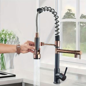 1pc Black Rose gold Kitchen Faucet With Pull Down Sprayer, High Arc Pull Out Kitchen 360?? Rotation Spring Faucet For Sink, Single Handle Single Hole Pull Down Spray Spout Monobloc Kitchen Tap, Commercial Modern Kitchen Faucets For Vegetable Basin