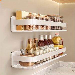 Sleek White Carbon Steel Wall-Mounted Storage Shelf For Kitchen & Bathroom - Space-Saving Organizer