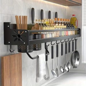 Multipurpose Kitchen Organizer: Contemporary Wall-Mounted Spice Rack and Utensil Holder with Hooks - Save Space with Style