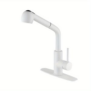 Mengk in White Pull-Out Sprayer Kitchen Faucet In Stainless with Deck Plate