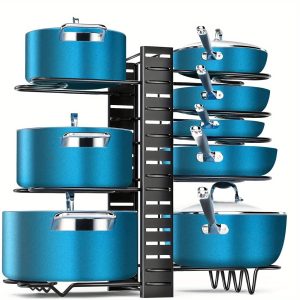 Upgraded 8 Tier Pot Rack Cabinet Storage, Kitchen Pot and Bowl Organizer with 4 Hooks, Adjustable Pot Organizer for Cabinets, Under Sink Pot Rack Organizer and Locker