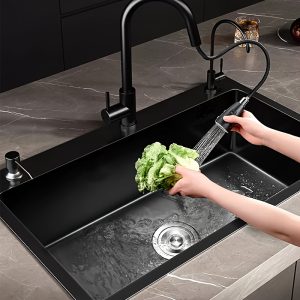 Luxury Black Diamond Stainless Steel Kitchen Sink - Handcrafted, Thickened Single Basin for Dishwashing & Vegetable Washing, Contemporary Style