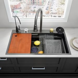 Modern Stainless Steel Kitchen Sink with Waterfall Faucet, Single Bowl Rectangular Design, Integrated Faucet, and Nanocoat for Easy Cleaning - Sleek Home Kitchen Upgrade (Faucet Included, No Electricity Needed)