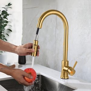 baokemo Golden Stainless Steel Kitchen Faucet Flexible Pull Out Two Modes Nozzle Hot Cold Water Mixer Tap Single Handle