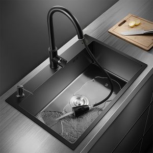 Modern Black Stainless Steel Single Basin Sink Set with Pull-Out Faucet & Drain Basket - Large Capacity, Easy Install, Perfect for Kitchen & Bathroom - Ideal Christmas or Halloween Gift, Christmas/Halloween Gift Decoration