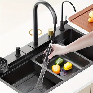 Contemporary Square Single Bowl Kitchen Sink with Faucet - Premium Stainless Steel, Faucet-Included, Dual-Ledger Embossed, Home Use, No Electricity Needed - 29.53