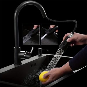 Black Stainless Steel Single Bowl Kitchen Sink Set with Pull-Down Sprayer Faucet, Modern Style, Rectangular Shape, Basket Included, Easy Installation, Large Capacity - International Design