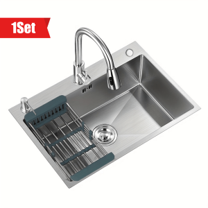 1set Stainless Steel Kitchen Sink Set, 23.62in Single Bowl With Faucet, 3-Hole, Brushed Finish, Home Use Large Washing Basin For Dishes And Vegetables, Home Essential