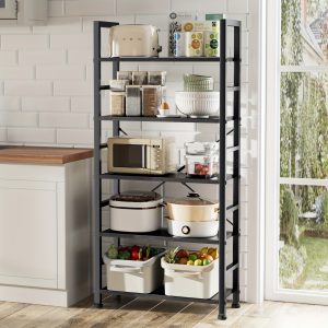 5 Tiers Storage Shelves, Vintage Storage Rack with Open Shelves in Kitchen/Living Room/Home, Metal Frame Display Rack Books Holder Organizer for Books, Brown, Black