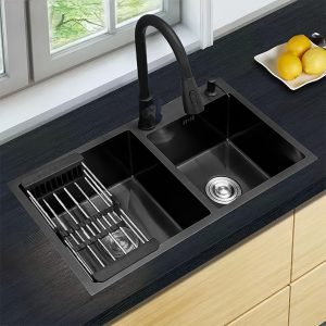 Modern Black Stainless Steel Dual-Basin Sink Set with Pull-Out Faucet & Draining Basket - Extra Large 28.34