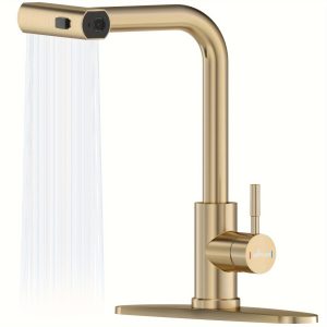 APPASO Waterfall Kitchen Faucet with Pull Down Sprayer, Brushed Golden Kitchen Faucet with Sprayer 3 Modes, Stainless Steel 360?? Swivel Kitchen Sink Faucet, Single Handle Kitchen Faucet One Hole