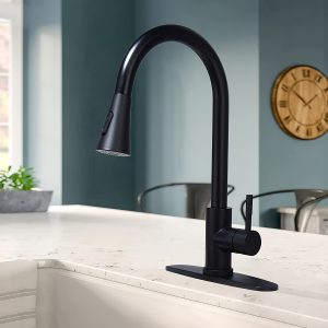 Stainless Steel Kitchen Sink Faucet With Pull-down Sprayer, Stainless Steel Single Handle High Arc Matte Black Faucet With Power Boost For Faster Cleaning