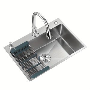 1pc Stainless Steel Single Bowl Kitchen Sink Set, 19.68IN*15.74IN, Brushed Finish, Pull-Down Faucet, With Drain Basket, Modern Home And Bathroom, Professional Installation Recommended