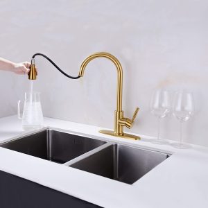 1pc Brushed Golden Kitchen Faucet with Pull-Down Spray Single Handle high arc Commercial Stainless Steel Brushed Nickel Kitchen Sink Faucet with Deck Suitable for bar Laundry RV Farmhouse