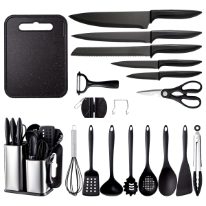 19-piece Knife Combination Set Silicone Cooking Utensil Set, Kitchen Tools Cooking Supplies Silicone Kitchen Knife Set, Knife Combination Set With Stainless Steel Storage Bucket, Black Titanium Stainless Steel Knife, Paring Knife, Dishwasher Safe