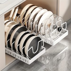 Space-Saving Iron Kitchen Organizer - Multi-Tiered Pull-Out Pot & Pan Rack With Adjustable Dividers For Efficient Cooking And Dining