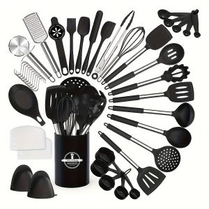 43pcs/set, Silicone Kitchen Utensils Set With Stainless Steel Handle, Non-stick Pot Special Cooking Tools Set With Storage Bucket, Multipurpose Kitchenware, Heat Resistant Cookware, Dishwasher Safe, Kitchen Supplies, Kitchen Gadgets