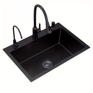 Glam Style Handmade Thickened Stainless Steel Kitchen Sink Set - Antibacterial Nano Coating, Rectangular Single Bowl with Sound Isolation, No Electricity Needed - 5545 Black Diamond Series