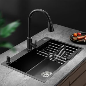 Stainless Steel Black Single Basin Kitchen Sink, Modern Home Bathroom Dishwasher, with Premium Pull-Down Faucet, Includes Draining Basket, Extra Large Capacity (19.68IN*15.74IN), Self-Installation Required, Ideal for Christmas & Halloween Gift, Bathroom Accessories Halloween, Christmas Decorations